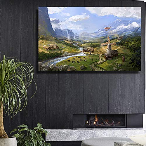 NIMCG Obra de Arte Pintura Molino de Vacas Granja de Globos Calientes Corriente Rocas Montañas Pintura al óleo sobre Lienzo Imágenes de Pared 30x40CM (Sin Marco)