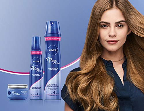 Nivea Cuidado y sujeción de espuma extra fuerte (150 ml), espuma para el cabello con pantenol y vitamina B3, espuma de volumen para estilos flexibles con 24 h de sujeción