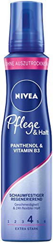 Nivea Cuidado y sujeción de espuma extra fuerte (150 ml), espuma para el cabello con pantenol y vitamina B3, espuma de volumen para estilos flexibles con 24 h de sujeción