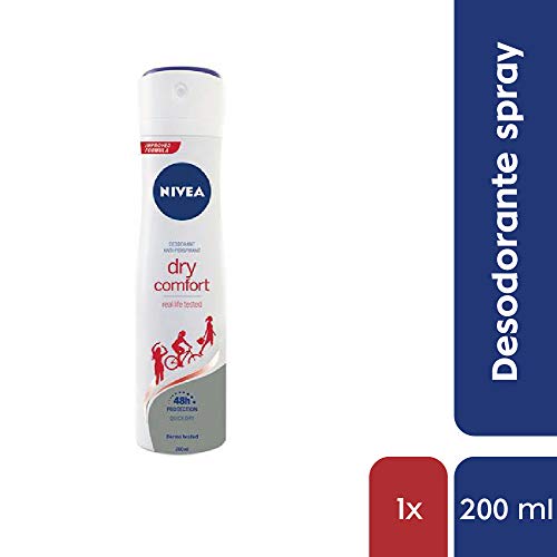NIVEA Dry Comfort (1 x 200 ml), desodorante antitranspirante con protección 48 horas, spray desodorante de cuidado femenino testado en la vida real