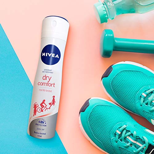 NIVEA Dry Comfort en pack de 6 (6 x 200 ml), desodorante antitranspirante con protección 48 horas, spray desodorante de cuidado femenino testado en la vida real