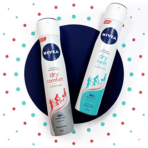 NIVEA Dry Comfort en pack de 6 (6 x 200 ml), desodorante antitranspirante con protección 48 horas, spray desodorante de cuidado femenino testado en la vida real