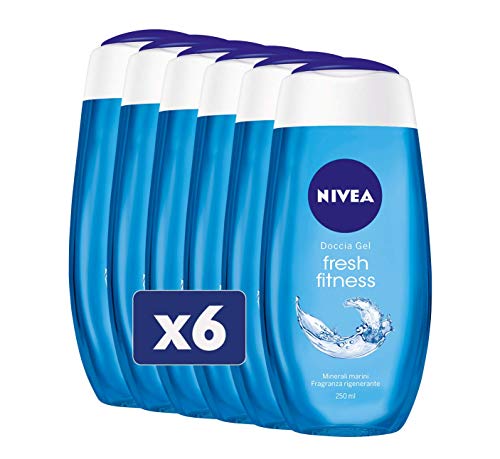 Nivea - Gel de ducha Fresh Fitness en paquete de 6 unidades de 250 ml, gel de ducha fresco y regenerador, limpiador corporal de gel enriquecido con minerales marinos