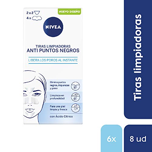 NIVEA Tiras Limpiadoras Anti Puntos Negros en pack de 6 (6x8 uds), limpiador de poros para eliminar puntos negros e impurezas rápido y cómodo, tiras de limpieza facial