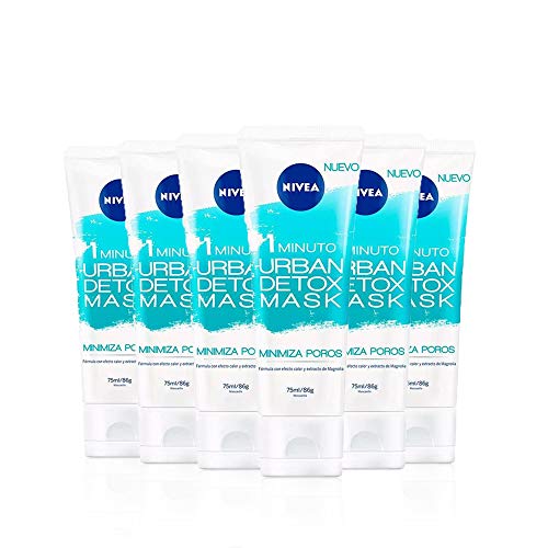 NIVEA Urban Detox Mascarilla Minimiza Poros 1 Minuto en pack de 6 (6 x 75 ml), mascarilla detox de uso rápido, mascarilla de gel para la limpieza facial con efecto calor