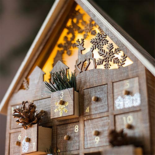 NLYWB Decoración LED de Calendario de Adviento de Madera, diseño Festivo de Navidad con 25 cajones, construcción 100% de Madera con iluminación LED | Linda decoración de Vacaciones