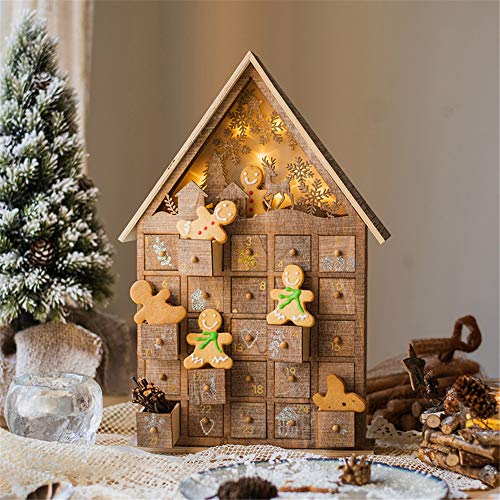 NLYWB Decoración LED de Calendario de Adviento de Madera, diseño Festivo de Navidad con 25 cajones, construcción 100% de Madera con iluminación LED | Linda decoración de Vacaciones