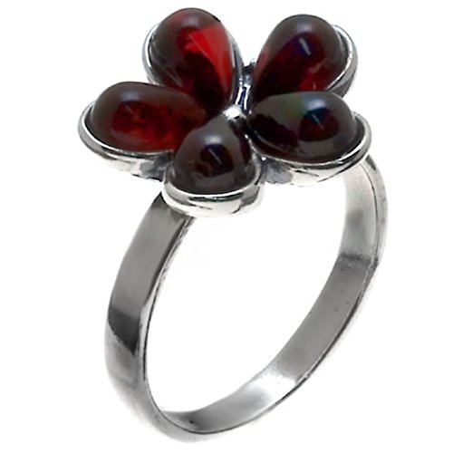 Noda Cereza ámbar flor de plata esterlina para rojo