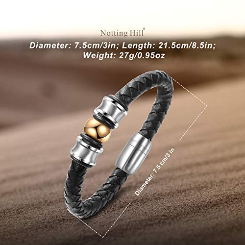 Notting Hill King of Glory Pulsera de Cuero Trenzado para Hombre, Brazalete de Muñeca, Brazalete con Cuentas Doradas y Cierre Magnético, Acero de Titanio Metálico, Regalo para Hombre