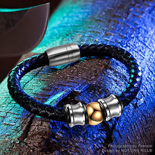 Notting Hill King of Glory Pulsera de Cuero Trenzado para Hombre, Brazalete de Muñeca, Brazalete con Cuentas Doradas y Cierre Magnético, Acero de Titanio Metálico, Regalo para Hombre