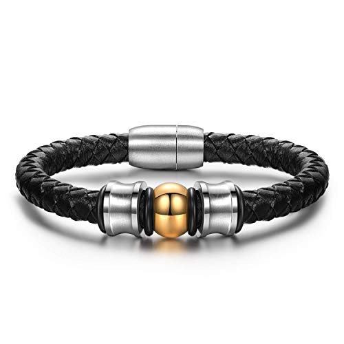 Notting Hill King of Glory Pulsera de Cuero Trenzado para Hombre, Brazalete de Muñeca, Brazalete con Cuentas Doradas y Cierre Magnético, Acero de Titanio Metálico, Regalo para Hombre