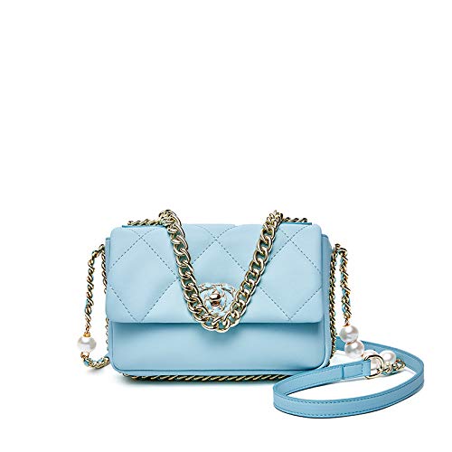 Nueva cadena de cuero vacuno pequeña fragancia viento bordado línea de diamante bolso de las señoras bolso de hombro mensajero bolso de mano Azul azul talla única