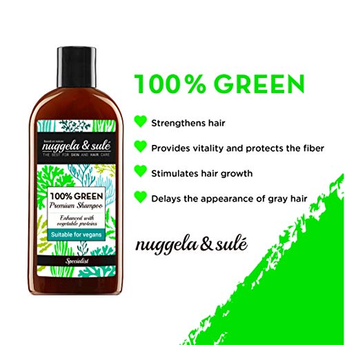 Nuggela & Sulé Champú 100% Green Apto Veganos 250ml/8,45Oz. Potente fórmula con activos naturales. Nutre y fortalece el cabello. SIN: sulfatos, siliconas, parabenes. MEJOR PRODUCTO ESQUIRE MAGAZINE.
