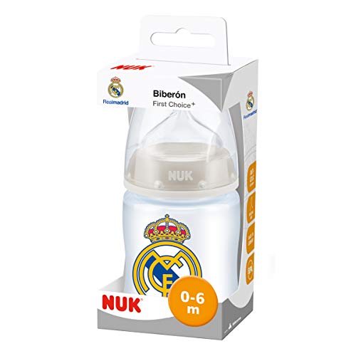 NUK First Choice + Biberón del Real Madrid de Silicona, Anticólicos, Color Blanco, 0-6 meses, 150 ml