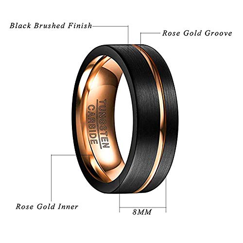 NUNCAD Anillo Mujer Hombre Unisex de Tungsteno Negro + Oro Rosa con Ranura Lateral de Oro Rosa 8mm de Ancho Cepillado para Boda Compromiso Amigos Talla 58 (18,5mm)