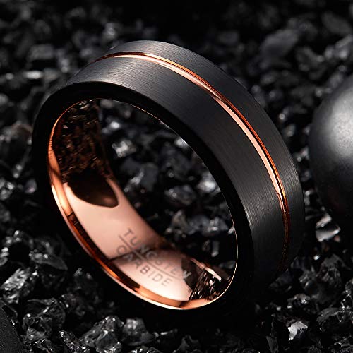 NUNCAD Anillo Mujer Hombre Unisex de Tungsteno Negro + Oro Rosa con Ranura Lateral de Oro Rosa 8mm de Ancho Cepillado para Boda Compromiso Amigos Talla 58 (18,5mm)
