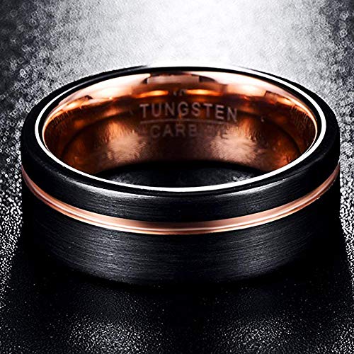 NUNCAD Anillo Mujer Hombre Unisex de Tungsteno Negro + Oro Rosa con Ranura Lateral de Oro Rosa 8mm de Ancho Cepillado para Boda Compromiso Amigos Talla 58 (18,5mm)