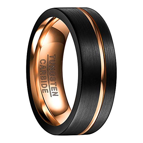 NUNCAD Anillo Mujer Hombre Unisex de Tungsteno Negro + Oro Rosa con Ranura Lateral de Oro Rosa 8mm de Ancho Cepillado para Boda Compromiso Amigos Talla 58 (18,5mm)
