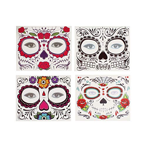 NUOBESTY Tatuaje de Cara de Halloween 8 Hojas del día del cráneo de azúcar Muerto Tatuaje Temporal Mascarada de Halloween Suministros de Cosplay