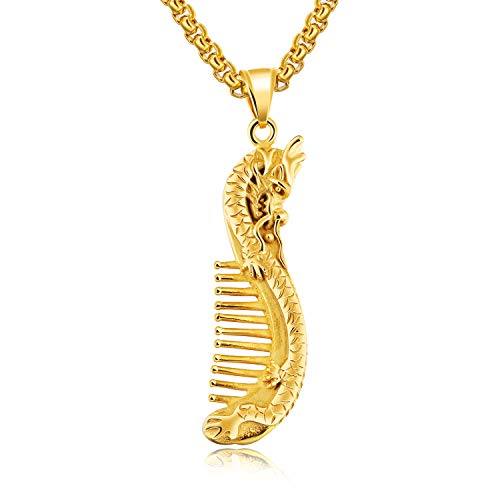 NUYI Collar de Acero de Titanio para Hombres La Cadena Colgante del Peine del dragón y el fénix no se desvanece Accesorios de joyería Diarios,Oro