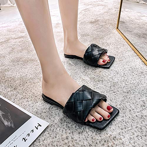 Nwarmsouth Verano Zapatillas de Baño Antideslizantes,Pantuflas Tejidas con Punta Cuadrada, Chanclas para Usar afuera en Verano-Negro_42,Mujeres Zapatos de Piscina Chanclas