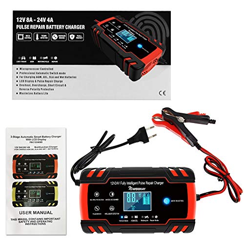 NWOUIIAY Cargador Batería Coche Moto Carga Inteligente 12V/24V 8A con LCD Pantalla Digital para Baterías de AGM Gel SLA Wet Calcio Rojo&Negro