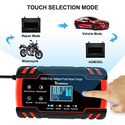 NWOUIIAY Cargador Batería Coche Moto Carga Inteligente 12V/24V 8A con LCD Pantalla Digital para Baterías de AGM Gel SLA Wet Calcio Rojo&Negro