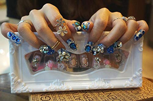 NYJNN Uñas postizas Fantasía azul encantador de la boda manicura diamante 3D largo falso falso acrílico adhesivo punta de uñas con pegamento