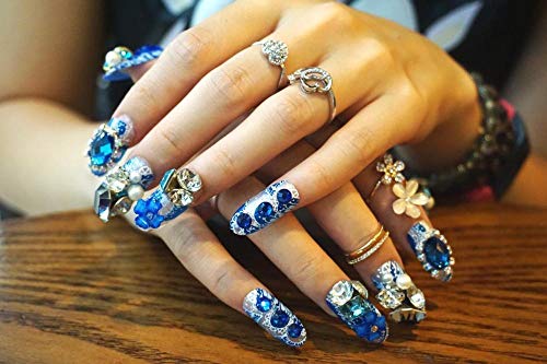 NYJNN Uñas postizas Fantasía azul encantador de la boda manicura diamante 3D largo falso falso acrílico adhesivo punta de uñas con pegamento