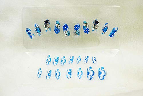 NYJNN Uñas postizas Fantasía azul encantador de la boda manicura diamante 3D largo falso falso acrílico adhesivo punta de uñas con pegamento