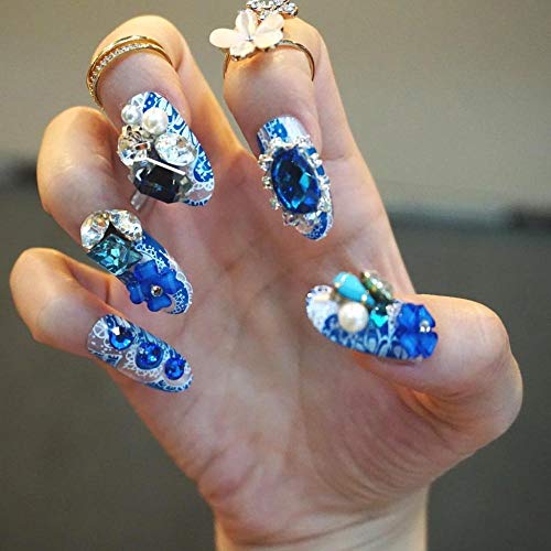NYJNN Uñas postizas Fantasía azul encantador de la boda manicura diamante 3D largo falso falso acrílico adhesivo punta de uñas con pegamento