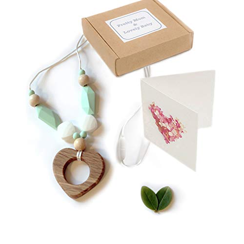 'Oak Heart' Collar de Dentición, Mordedor, Designer Teething Necklace & Gift Box; Oak Heart with Silicone & Natural Wood Beads Jewellery