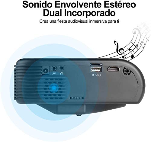 ODLICNO Mini Proyector Portátil , Multimedia Proyector de Cine en casa, proyector Compatible con Full HD 1080P HDMI, VGA, Dual USB, AV, TF Computadora Portátil, Teléfono Inteligente (Negro)