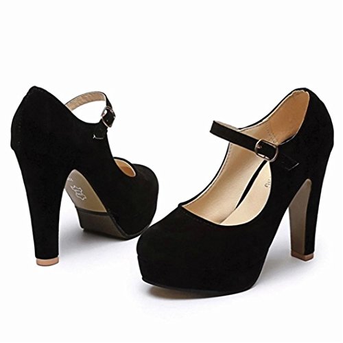 ¡Oferta de liquidación de Covermason! Zapatos de tacón cuadrado de moda para mujer Zapatos de tacón alto bajo flock(35 EU, Negro)