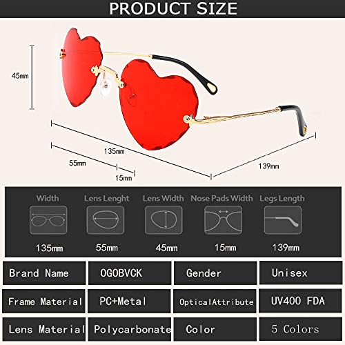 OGOBVCK Corazon en forma de gafas de sol de Moda Mujer Chica colorida degradado gafas lentes sin montura (Red)