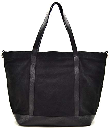 OH MY BAG, Bolso modelo IRUPU-en auténtico cuero nobuck-llevar, hombro y mano y bandolera, fabricado en Italia, para mujer, grande, elegante, negro, talla única