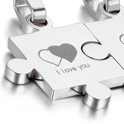 OIDEA - Collar para pareja Lovers de acero inoxidable con colgante de puzzle corazón I Love You romántico, regalo para pareja, boda, aniversario, color a elegir (1 par) plateado