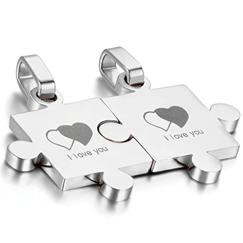 OIDEA - Collar para pareja Lovers de acero inoxidable con colgante de puzzle corazón I Love You romántico, regalo para pareja, boda, aniversario, color a elegir (1 par) plateado