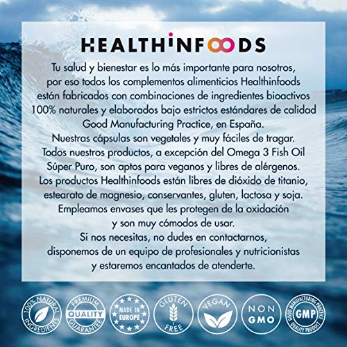Omega 3 Healthinfoods Aceite de Pescado Ultra Puro -2250mg DHA+450 EPA/Dosis diaria con Vitamina E-180 cápsulas-Efecto Anti inflamatorio-Reduce la presión arterial-Fabricado en España-GMP