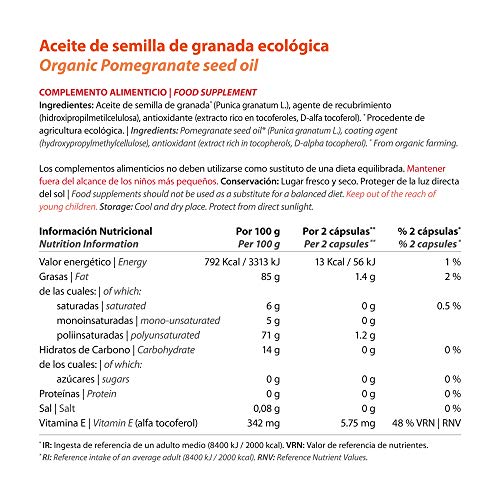 Omega 5 Ecológico de Vitalgrana - BIO - Antioxidante - Aceite de semilla de granada ecológica - Para el cuidado de la piel y el colesterol - Bote de 60 cápsulas