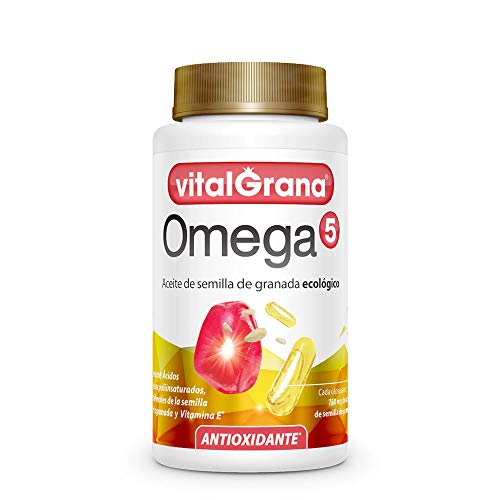 Omega 5 Ecológico de Vitalgrana - BIO - Antioxidante - Aceite de semilla de granada ecológica - Para el cuidado de la piel y el colesterol - Bote de 60 cápsulas