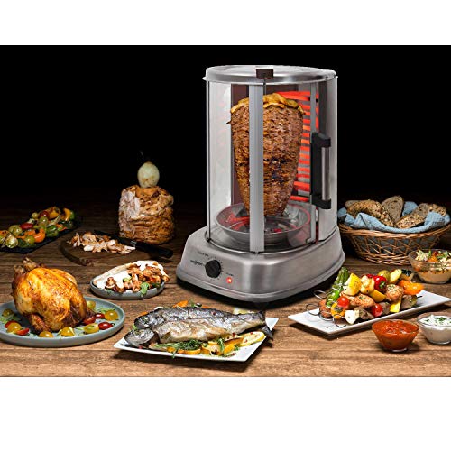 oneConcept Kebab Master Pro - Parrilla vertical giratoria, Pollo, Gyros, Pincho giratorio verical, Grill eléctrico, 1500 W, Reparto calor 360°, Desmontable y apto para lavavajillas, Plateado