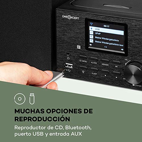 Oneconcept Streamo Equipo estéreo con Radio por Internet - Conexión de Radio por WiFi, Dab/Dab+ y FM , 2 Altavoces de 10 W , Bluetooth , Lector de CD , Conexión: USB, AUX-IN, Negro