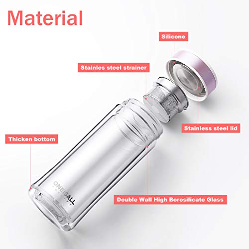 Oneisall - Botella de cristal, vaso de doble pared con infusor de té, tipo termo con filtro, ideal como taza de viaje, casa, oficina, deportes, botella de agua, 480 ml, vidrio, oro rosa, 480ML