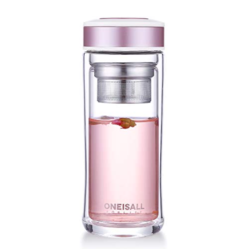 Oneisall - Botella de cristal, vaso de doble pared con infusor de té, tipo termo con filtro, ideal como taza de viaje, casa, oficina, deportes, botella de agua, 480 ml, vidrio, oro rosa, 480ML