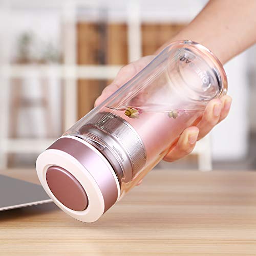 Oneisall - Botella de cristal, vaso de doble pared con infusor de té, tipo termo con filtro, ideal como taza de viaje, casa, oficina, deportes, botella de agua, 480 ml, vidrio, oro rosa, 480ML