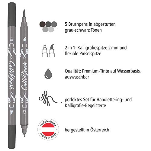 Online Calli.Brush Grey, Juego de 5 pinceles para escritura a mano, juego de caligrafía con punta de caligrafía y punta de pincel para bullet Journaling, acuarelas