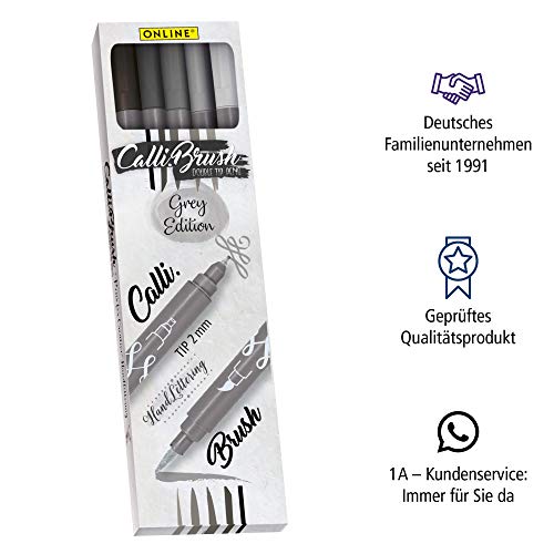 Online Calli.Brush Grey, Juego de 5 pinceles para escritura a mano, juego de caligrafía con punta de caligrafía y punta de pincel para bullet Journaling, acuarelas