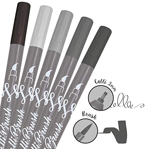 Online Calli.Brush Grey, Juego de 5 pinceles para escritura a mano, juego de caligrafía con punta de caligrafía y punta de pincel para bullet Journaling, acuarelas