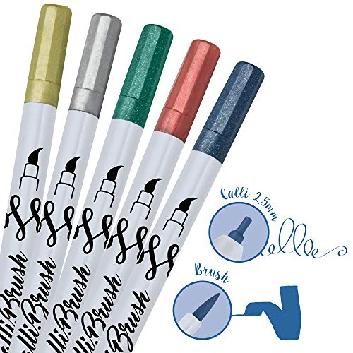 ONLINE - Juego de rotuladores metálicos de doble punta, punta de pincel y caligrafía, cinco colores metálicos, en estuche de bambú